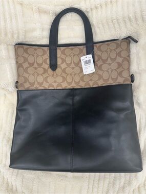 NWT Coach Two-Tone Signature Canvas & Leather Laptop Bag - Brown & Black